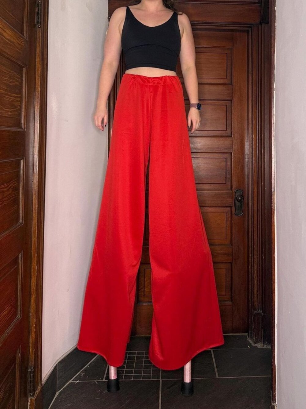 Handmade Stilt Pants Red Wide Leg Circus Pants Stretch High Rise Unisex - Picture 3 of 13
